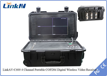 COFDM чемодан видеоприемник 4-канальный IP65 с батареей и дисплеем AES256 H.264 DC 12V